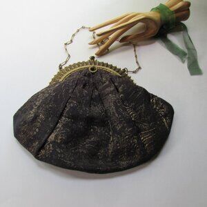 Vintage Evening Purse Black Gold Brocade Faux Pearl Frame Made in France AS IS